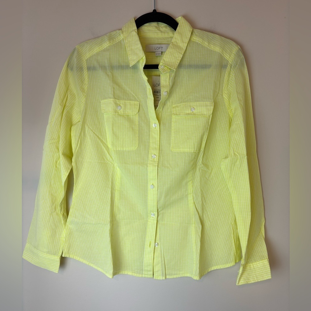 Loft Ann Taylor Yellow And White Checked Lightweight Button Blouse Medium Petite